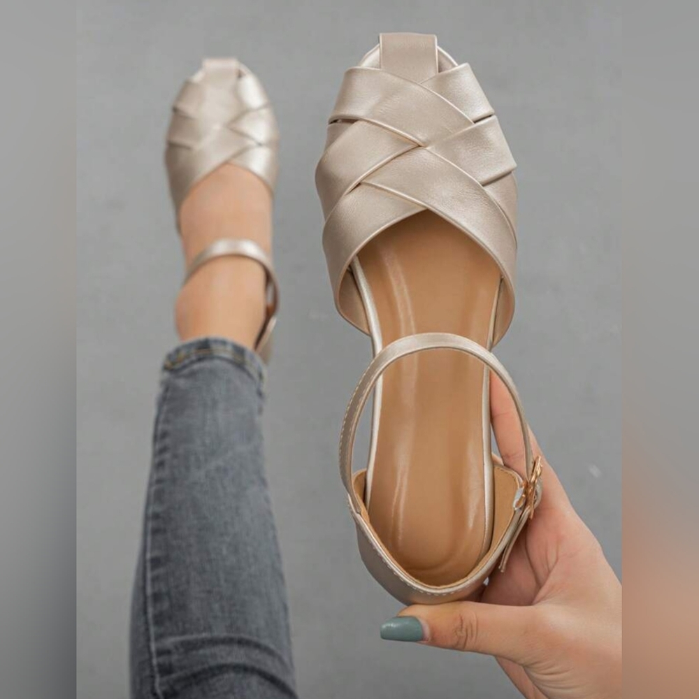 8.5 Gold Metallic Braided Flat Sandals Ankle Strap Glamorous